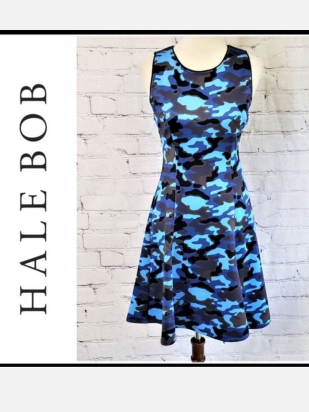 Hale Bob Leah Fit & Flare Dress Size Medium Blue Camo Sporty Chic